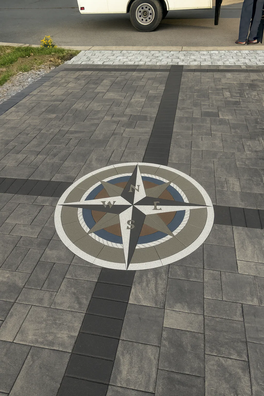 Paver Driveway · Compass Inlay — Stone & Scappes, Hartford County CT
